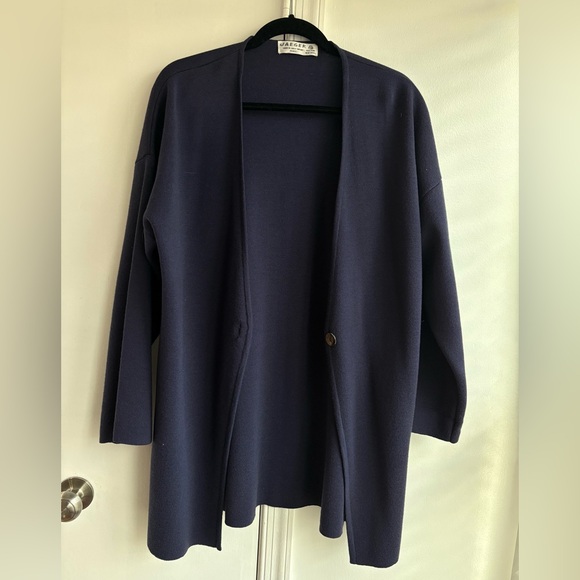 Vintage Navy Wool Open Front  Minimalist Lagen Look Long Line Flared Cardigan S - Picture 1 of 7